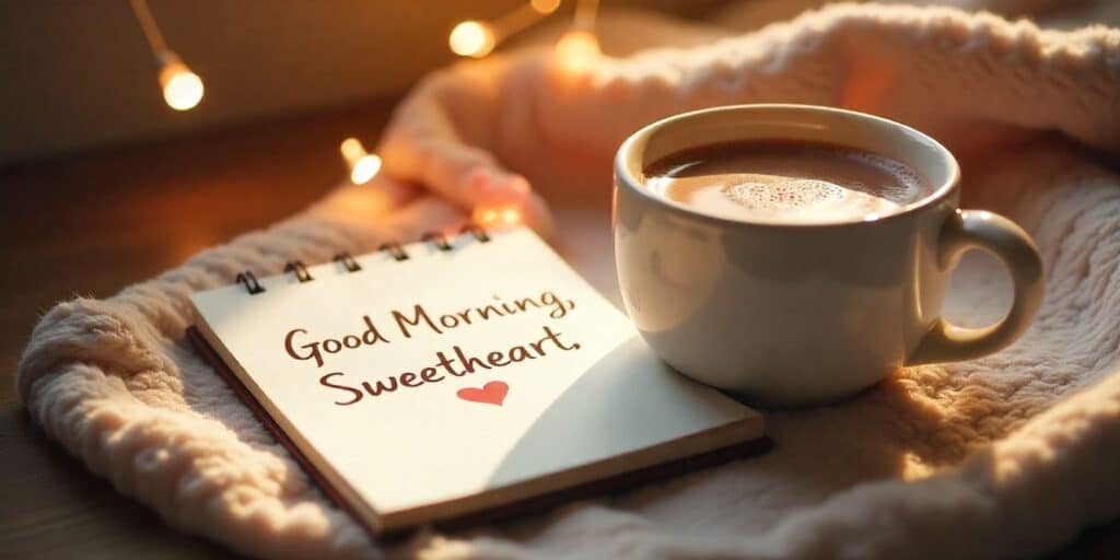 Cozy morning setup with a warm drink and a note saying good morning to a daughter.