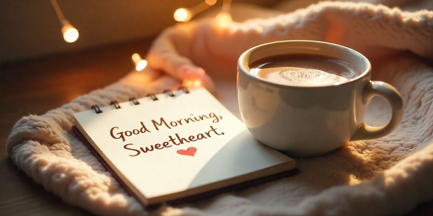 Cozy morning setup with a warm drink and a note saying good morning to a daughter.