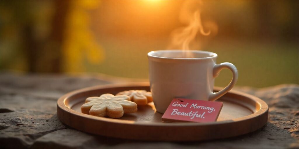 Cozy morning setup with coffee, heart cookie, and a sweet good morning message.