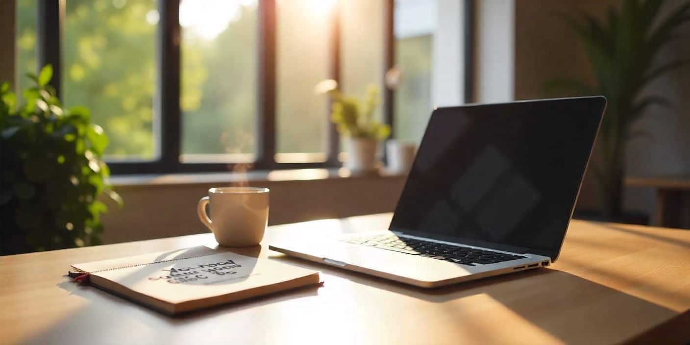 Bright office desk with coffee, laptop, and motivational morning work quote.