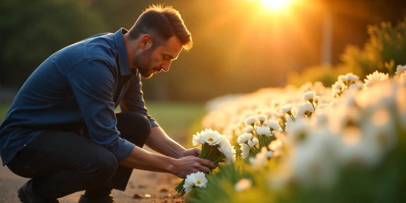 Emotional farewell image for grandmother’s passing with flowers and photo tribute.