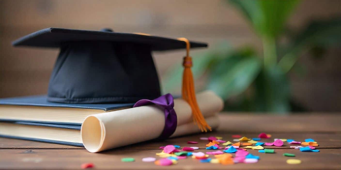 Graduation celebration scene with cap, diploma, and confetti representing pride and achievement for brother.