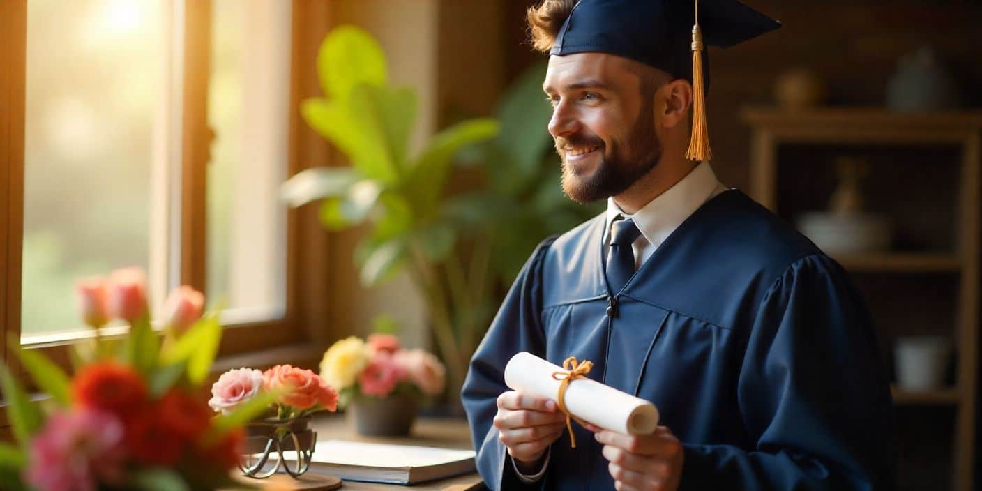Male graduate holding diploma with congratulatory banner and celebratory background.