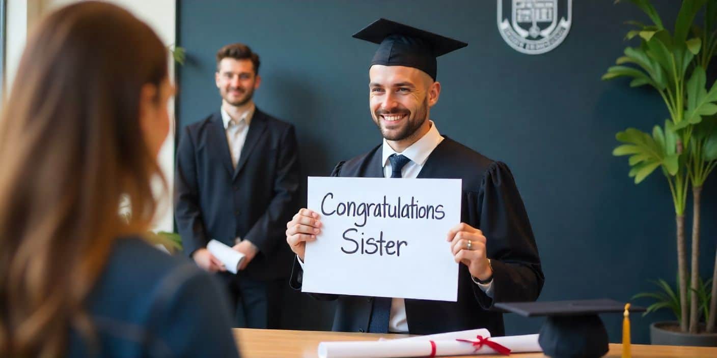 Graduation celebration background with diploma, graduation cap, and congratulatory decorations for sister’s academic success.