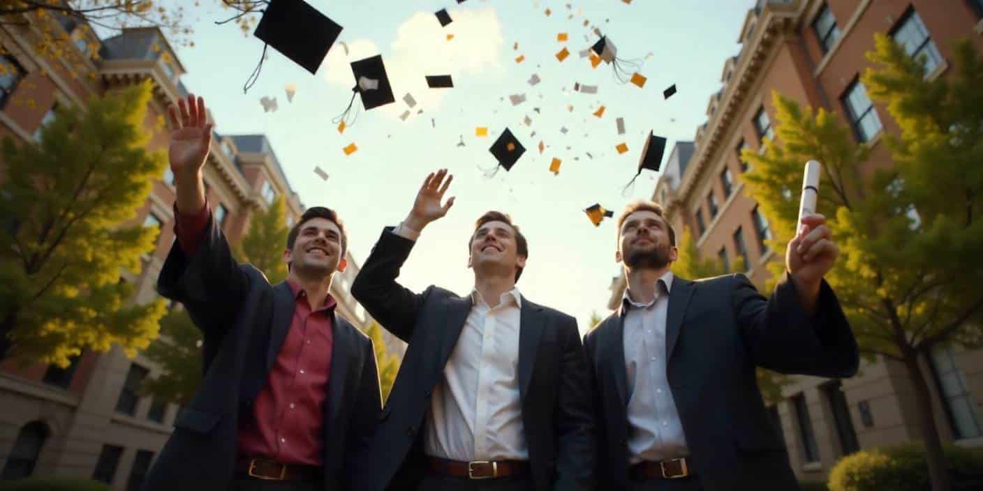 Male students celebrating graduation with caps, gowns, diplomas, and confetti outdoors.