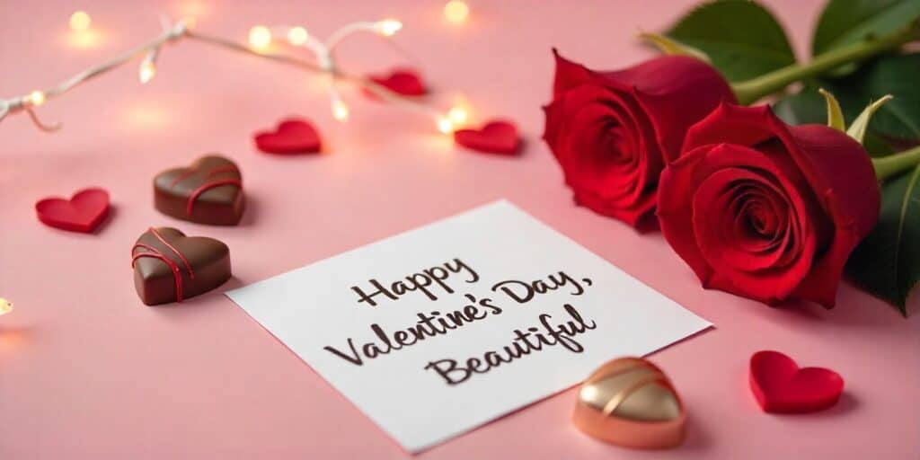 Valentine-themed scene with roses, chocolates, and a love message card on a pink background.