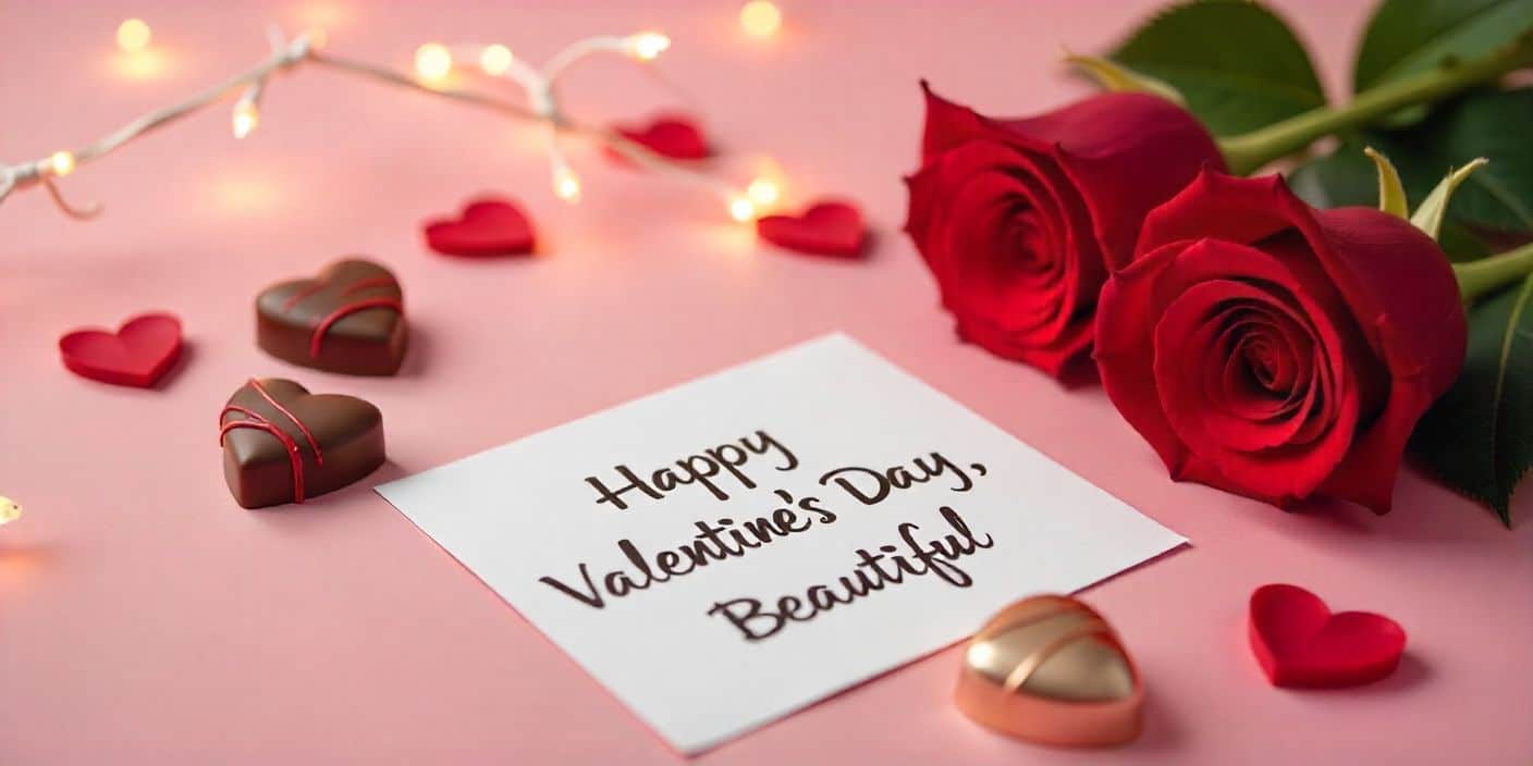 Valentine-themed scene with roses, chocolates, and a love message card on a pink background.