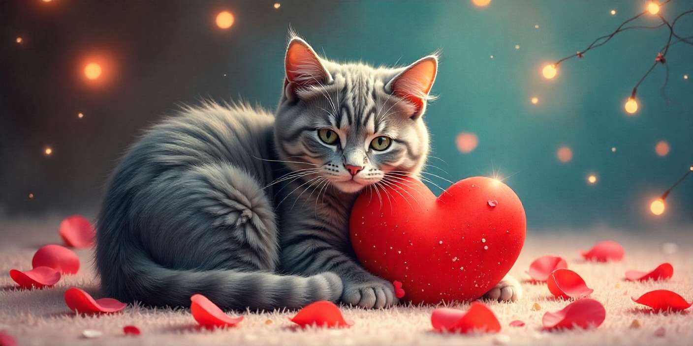A cute Valentine cat image featuring a fluffy cat with red hearts and roses, perfect for Valentine’s Day greetings.