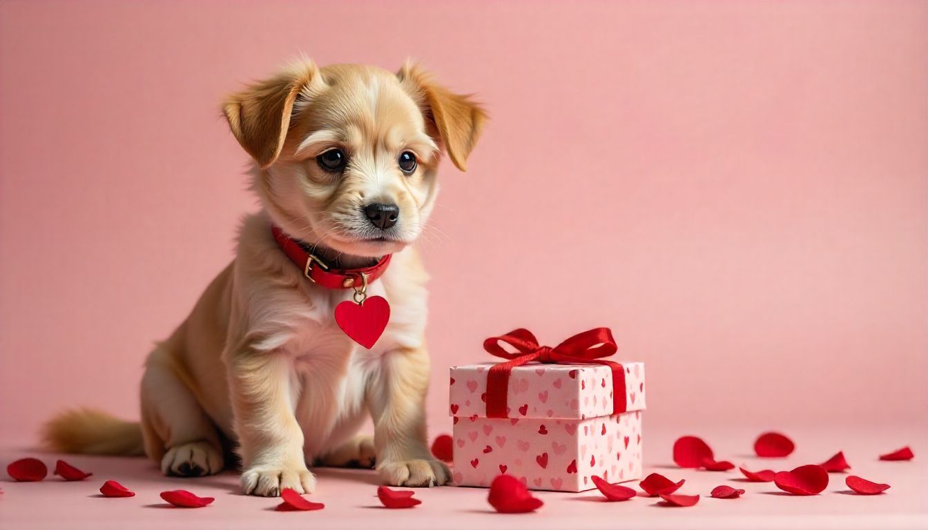 Adorable dog with Valentine’s gifts and hearts celebrating Valentine’s Day.