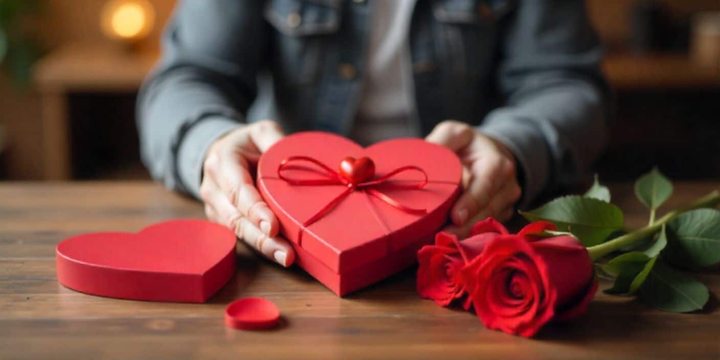 Advance Valentine’s Day image with man preparing gifts and roses.