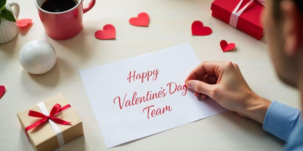 A festive office desk with Valentine decorations and a message card from a male coworker, celebrating Valentine’s Day at work.