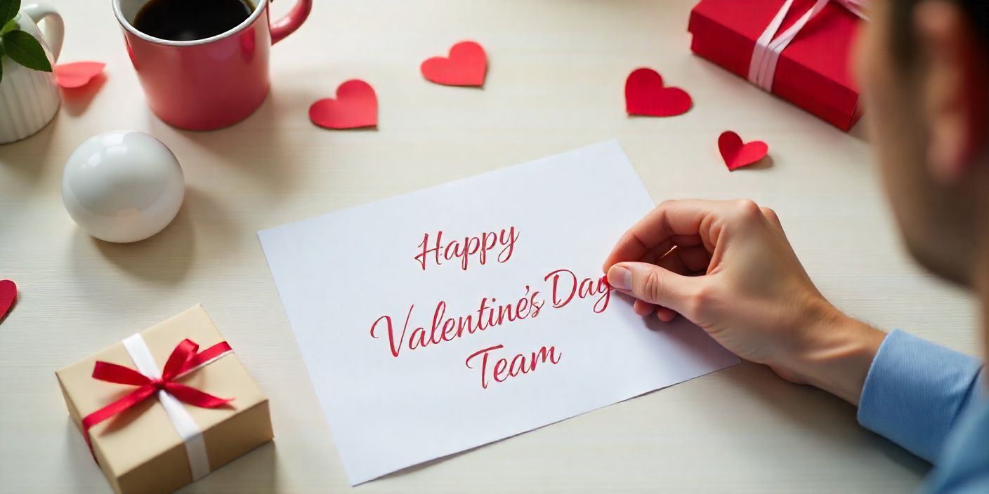 A festive office desk with Valentine decorations and a message card from a male coworker, celebrating Valentine’s Day at work.