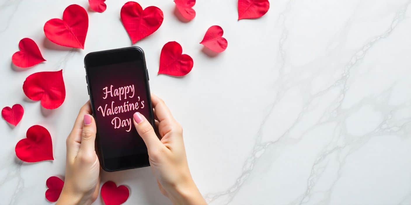 Modern Valentine-themed image with smartphone and heart decorations for Valentine SMS messages.