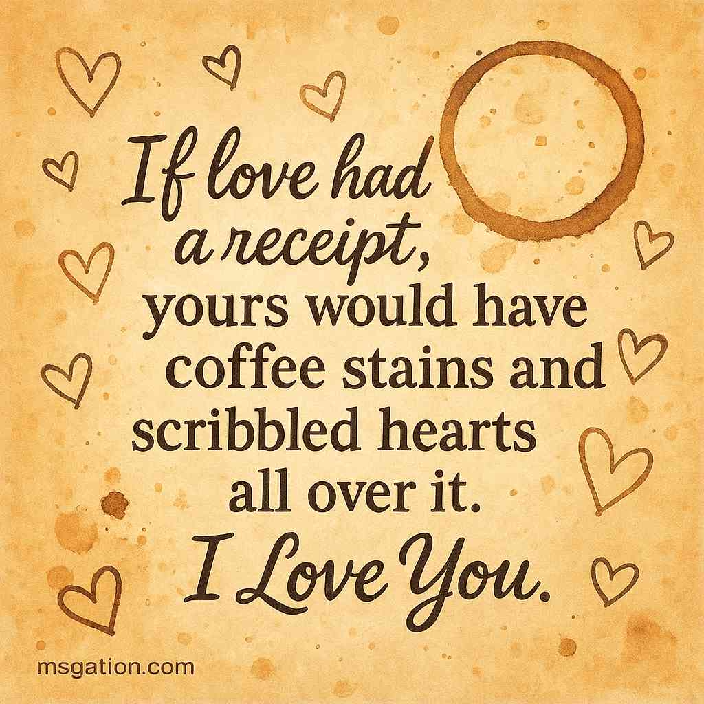 If love had a receipt, yours would have coffee stains and scribbled hearts all over it. I Love You.