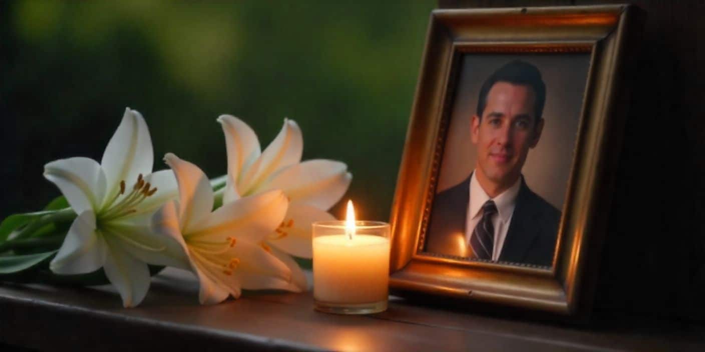 Candlelight and white lilies in memory of a late husband on his death anniversary, representing love and remembrance.