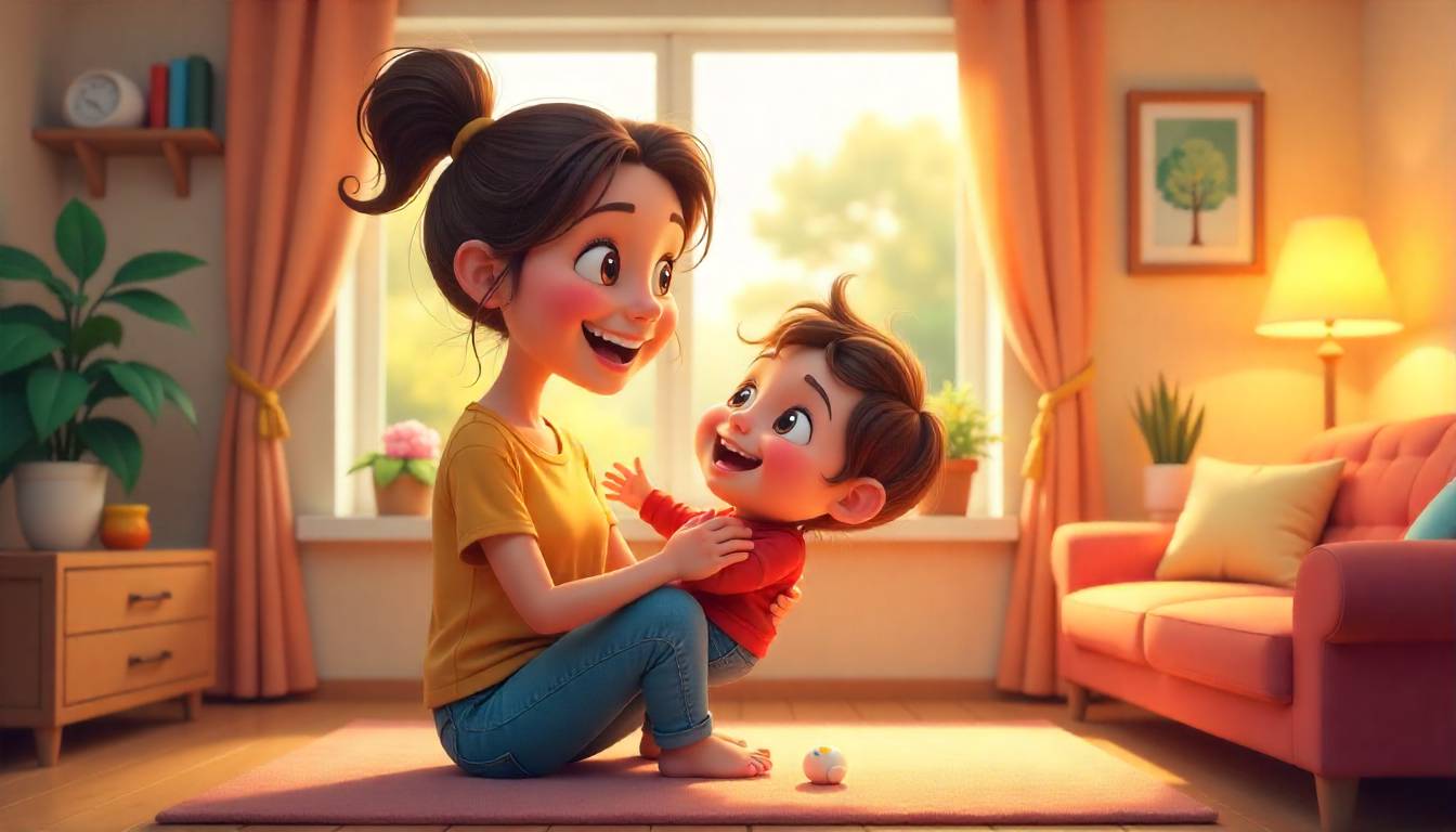 Mother hugging her son at home, expressing joy and love of being a mom.