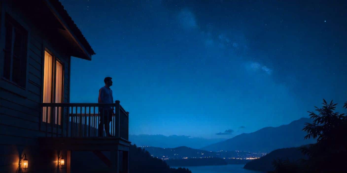 Man looking at starry night sky with inspirational good night ambiance.