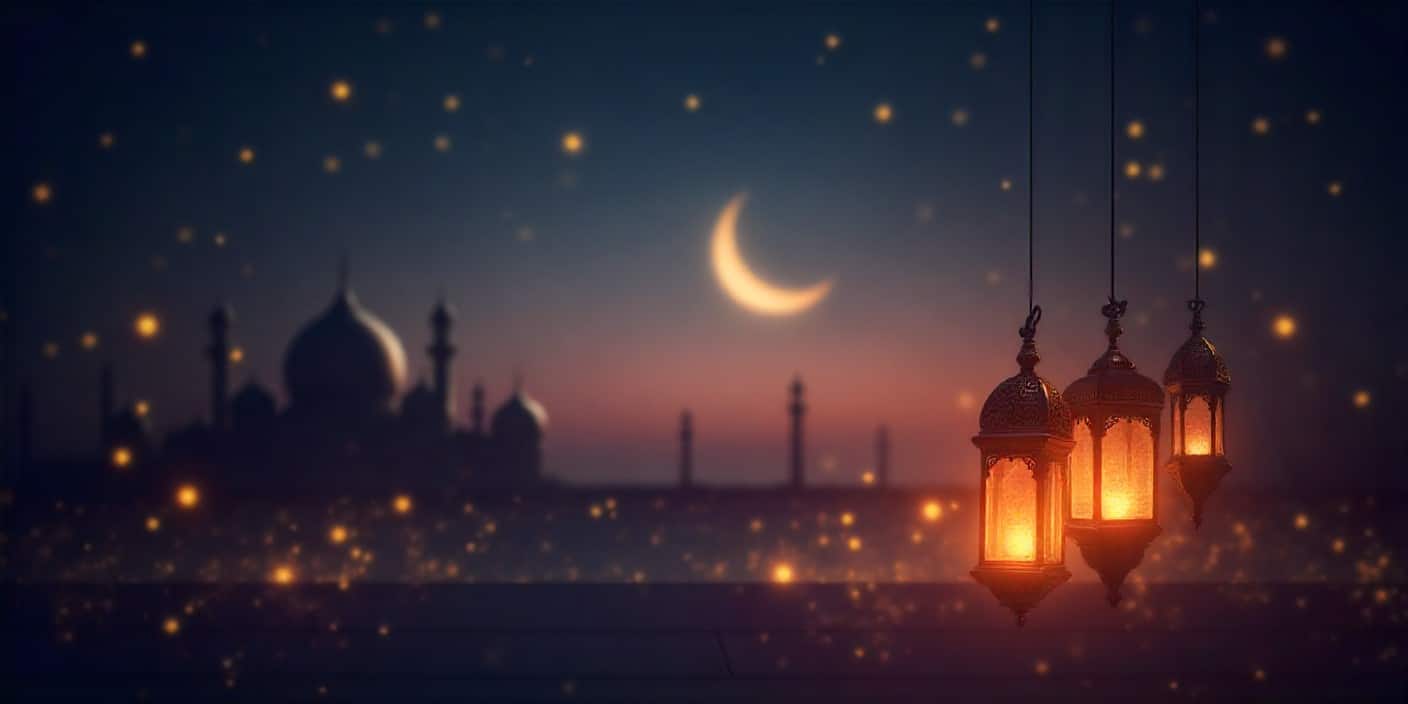 Islamic anniversary background with crescent moon, mosque, and lanterns symbolizing faith and love.