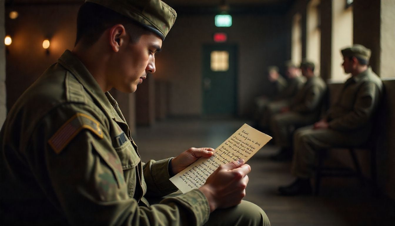 Soldier reading a love letter from his partner, showing long-distance affection.