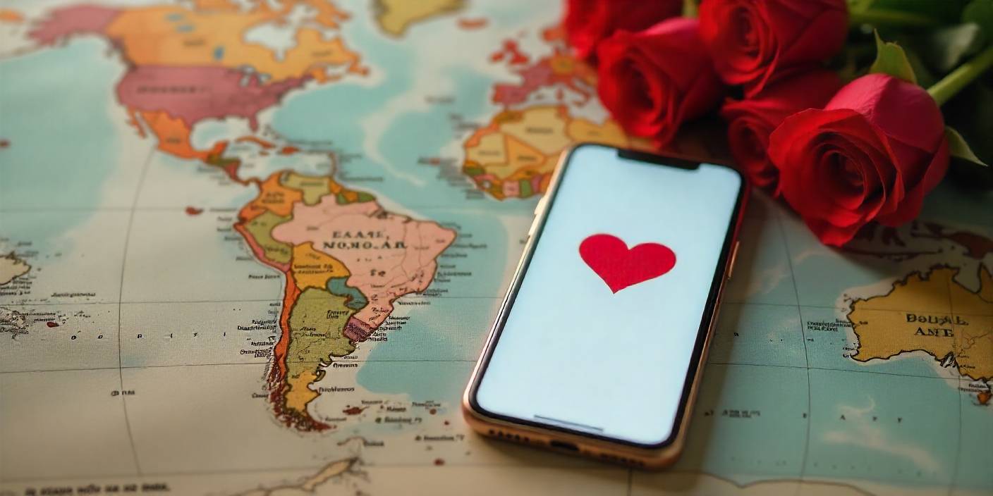 A Valentine-themed image showing long-distance love through phones and heart messages across a map background.