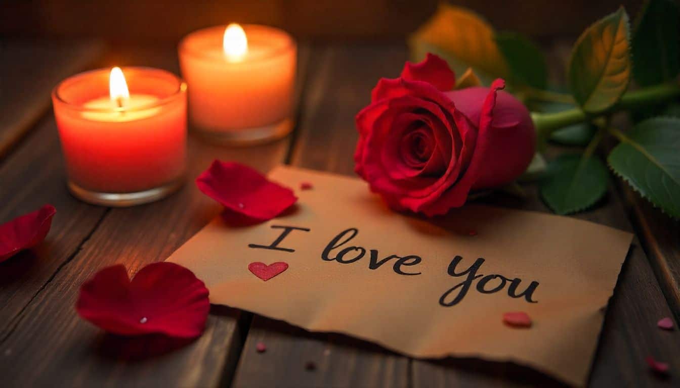 heartfelt love messages for his wife with a rose and candles.