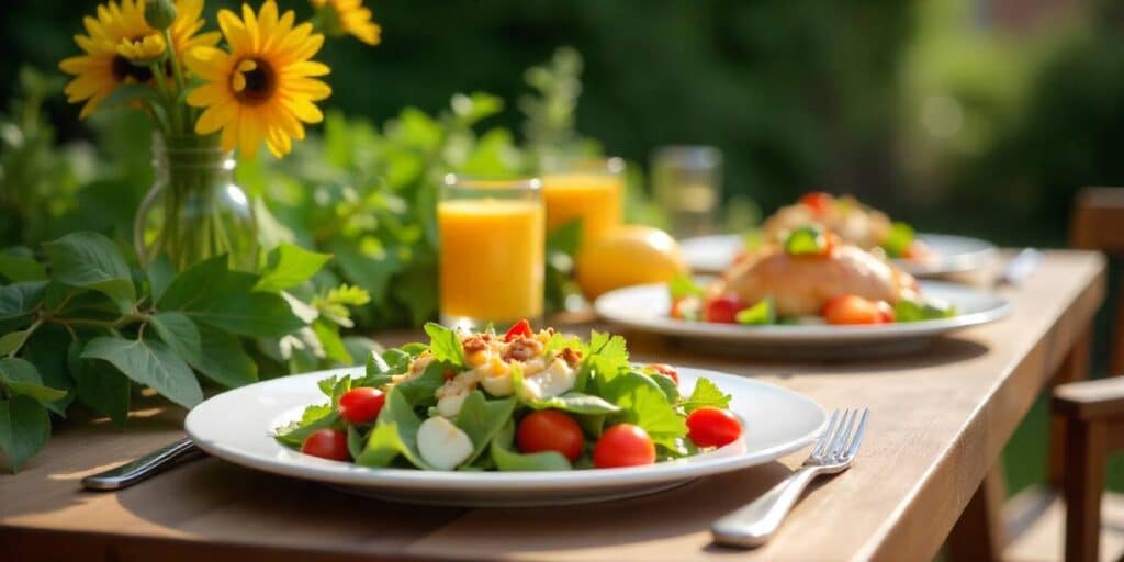 Outdoor lunch table set with fresh food and invitation ambiance.