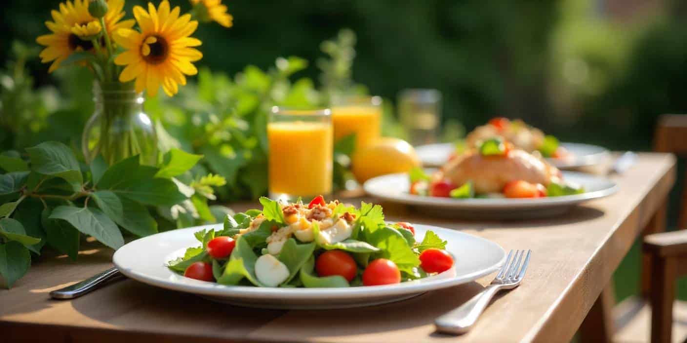 Outdoor lunch table set with fresh food and invitation ambiance.
