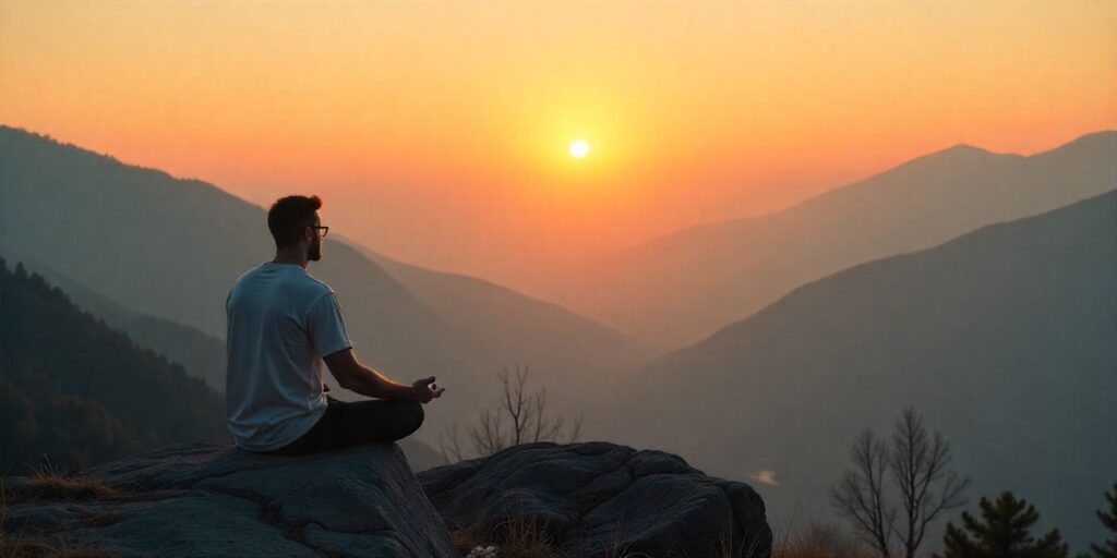 Man praying at sunrise on a mountain, peaceful morning meditation scene.