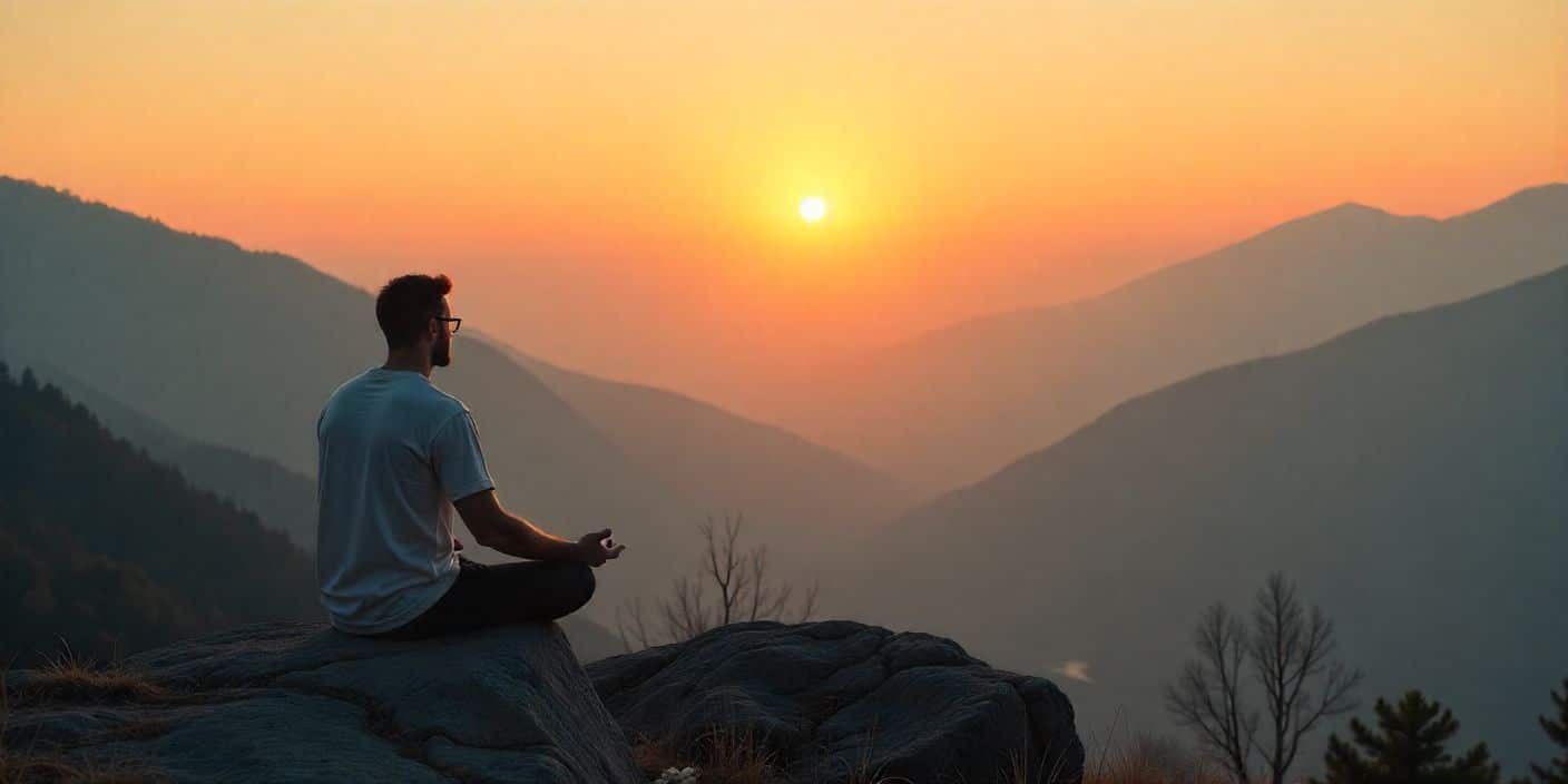 Man praying at sunrise on a mountain, peaceful morning meditation scene.