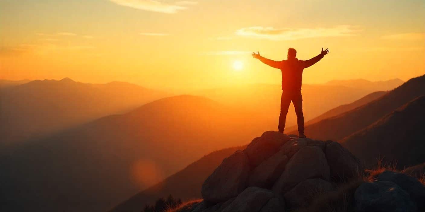 Inspirational image of a man on a mountain at sunrise representing motivation and success.