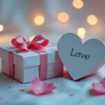Romantic Valentine setup with heart gift box, rose petals, and a mushy love note.