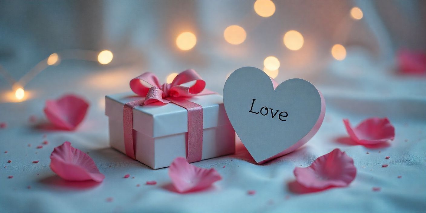 Romantic Valentine setup with heart gift box, rose petals, and a mushy love note.