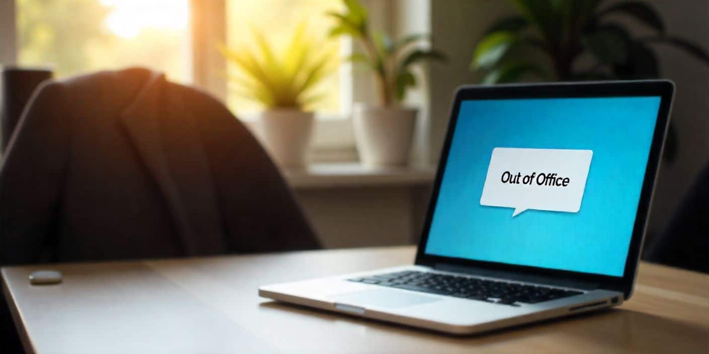 A bright office desk with an “Out of Office” message on a laptop screen, symbolizing a half-day break from work.