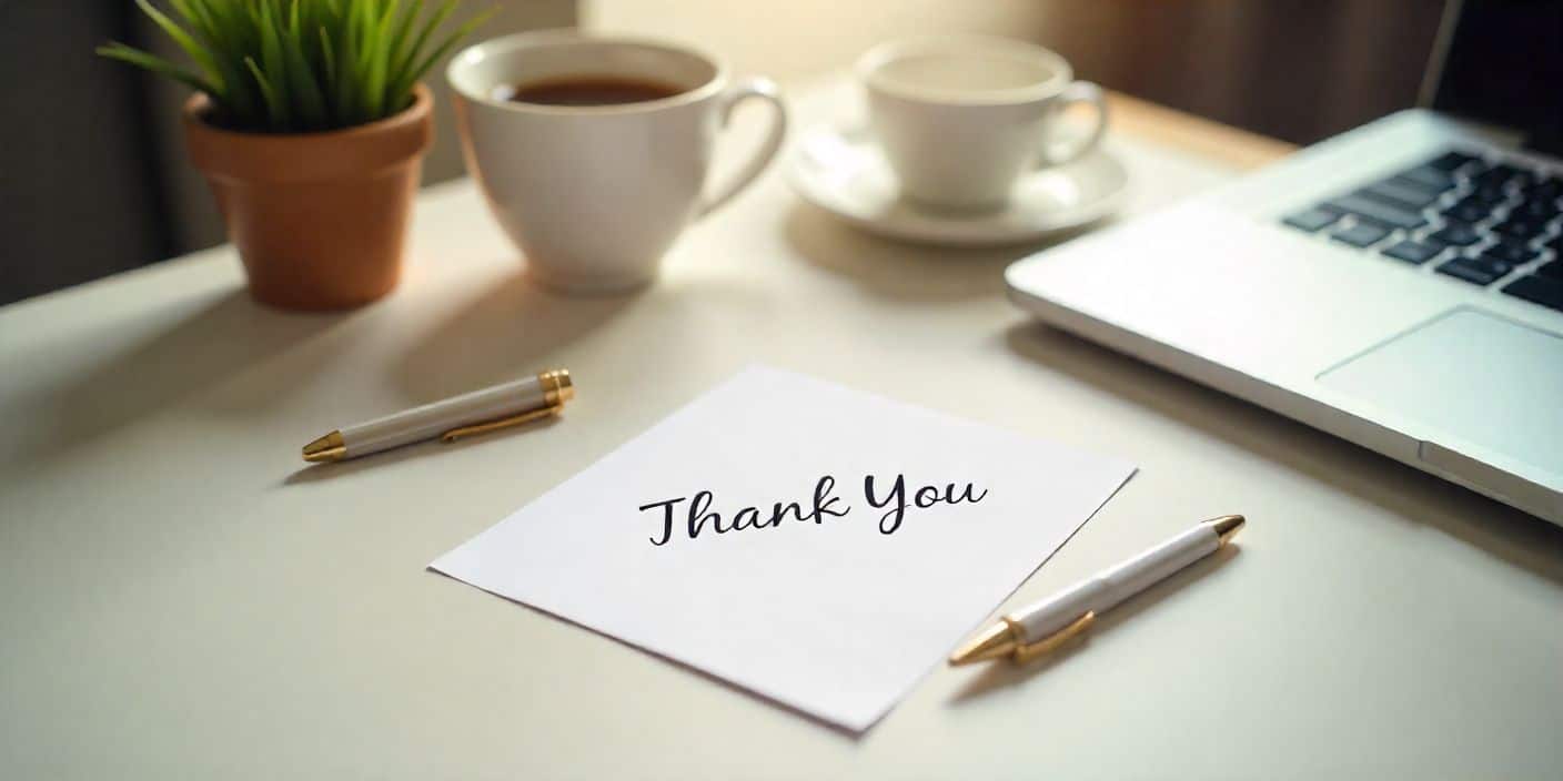 Professional office thank-you card and workspace representing gratitude and professionalism.