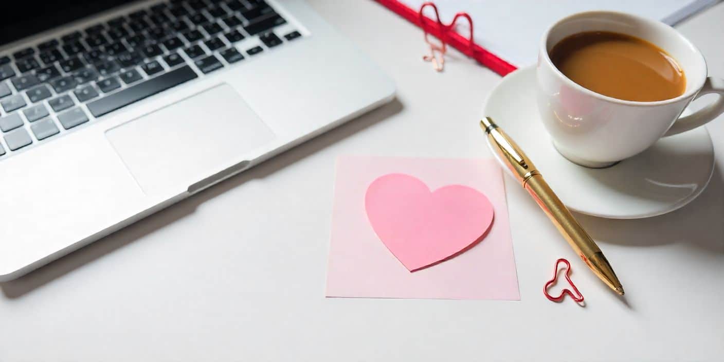 Modern office Valentine’s setup with laptop, coffee, and heart-themed card for professional message tone.