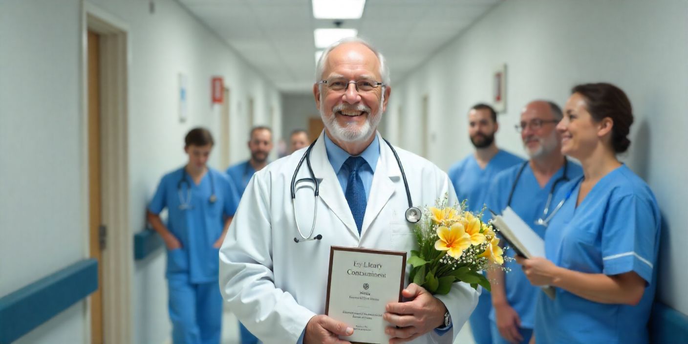 Happy retirement wishes for a male doctor being honored with a plaque and flowers in a hospital.
