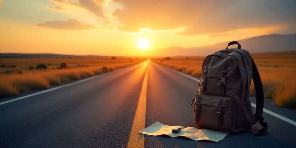 Inspirational travel image of open road, backpack, and map for safe journey wishes.