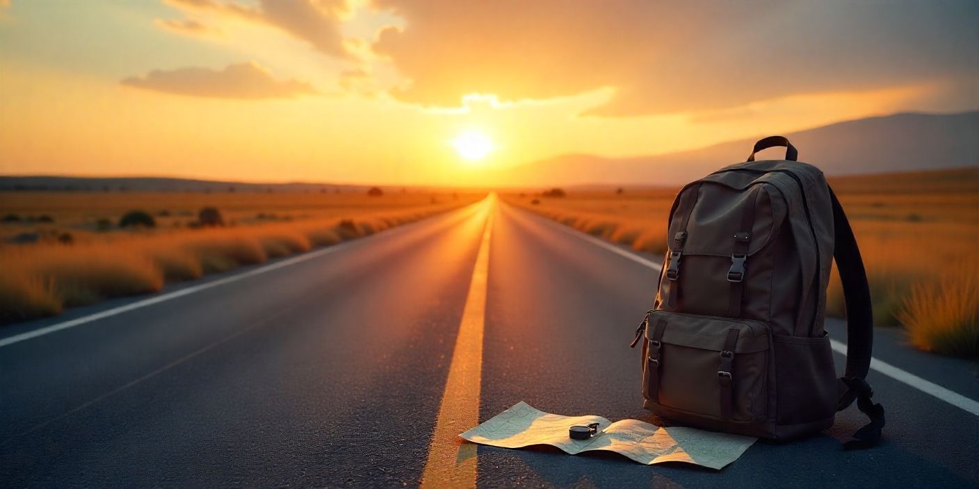 Inspirational travel image of open road, backpack, and map for safe journey wishes.