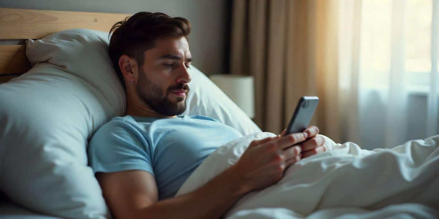 Man sending sick message to boss while resting in bed.