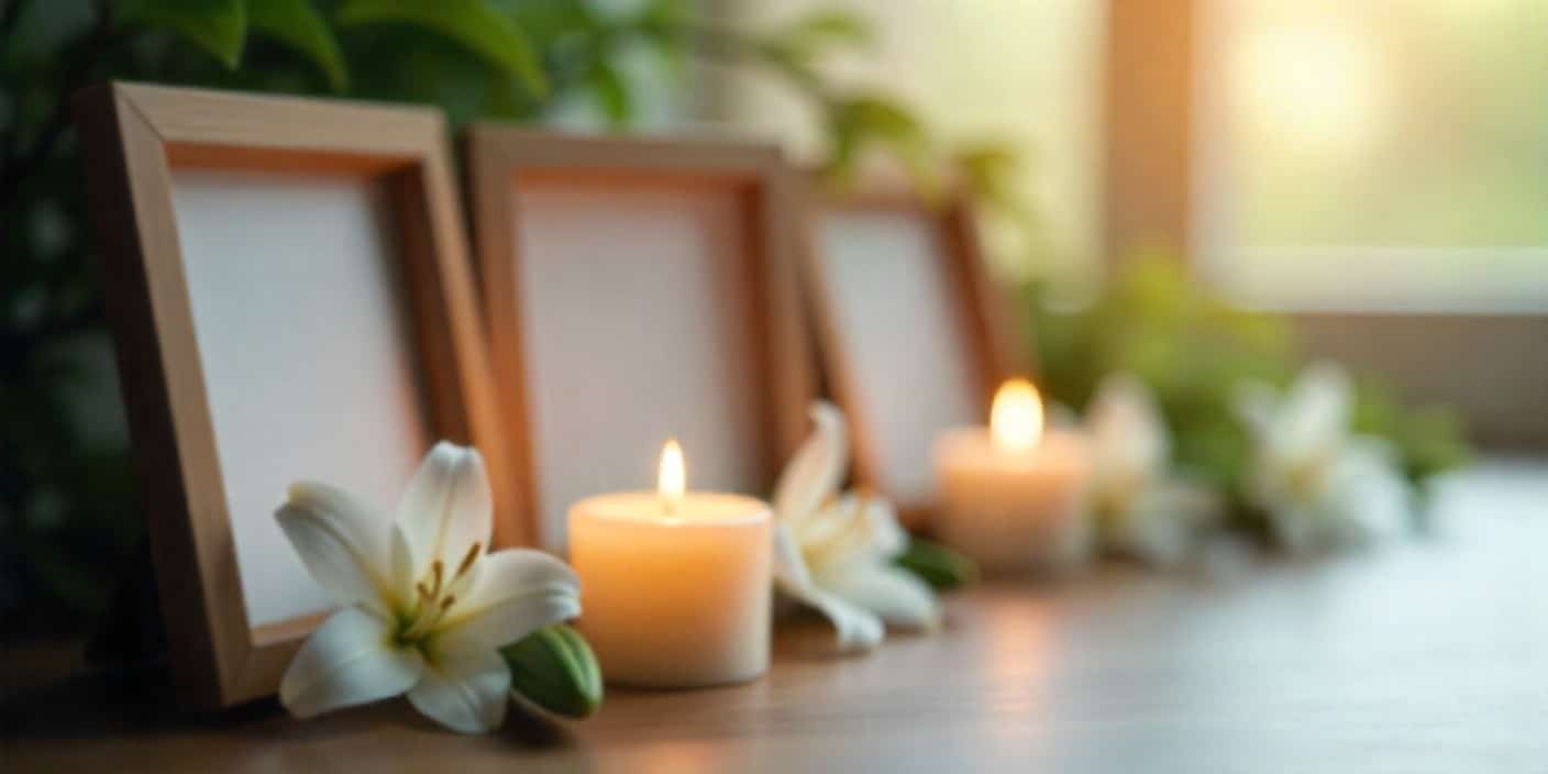 Memorial tribute with candle, lilies, and photo frame to express remembrance on sister’s death anniversary.