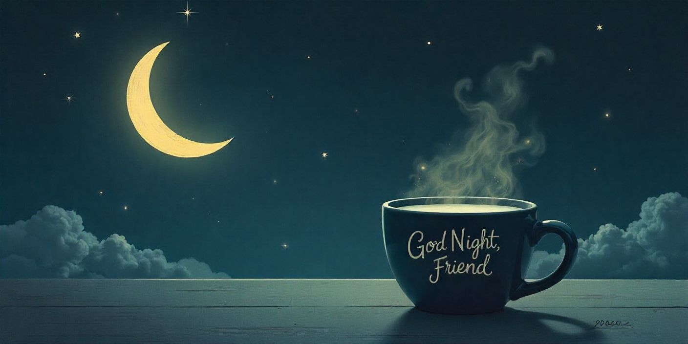 Night scene with stars, moon, and a good night message for a friend.