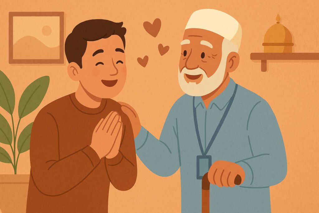 Old man thanking a caregiver with gratitude in a peaceful care setting.