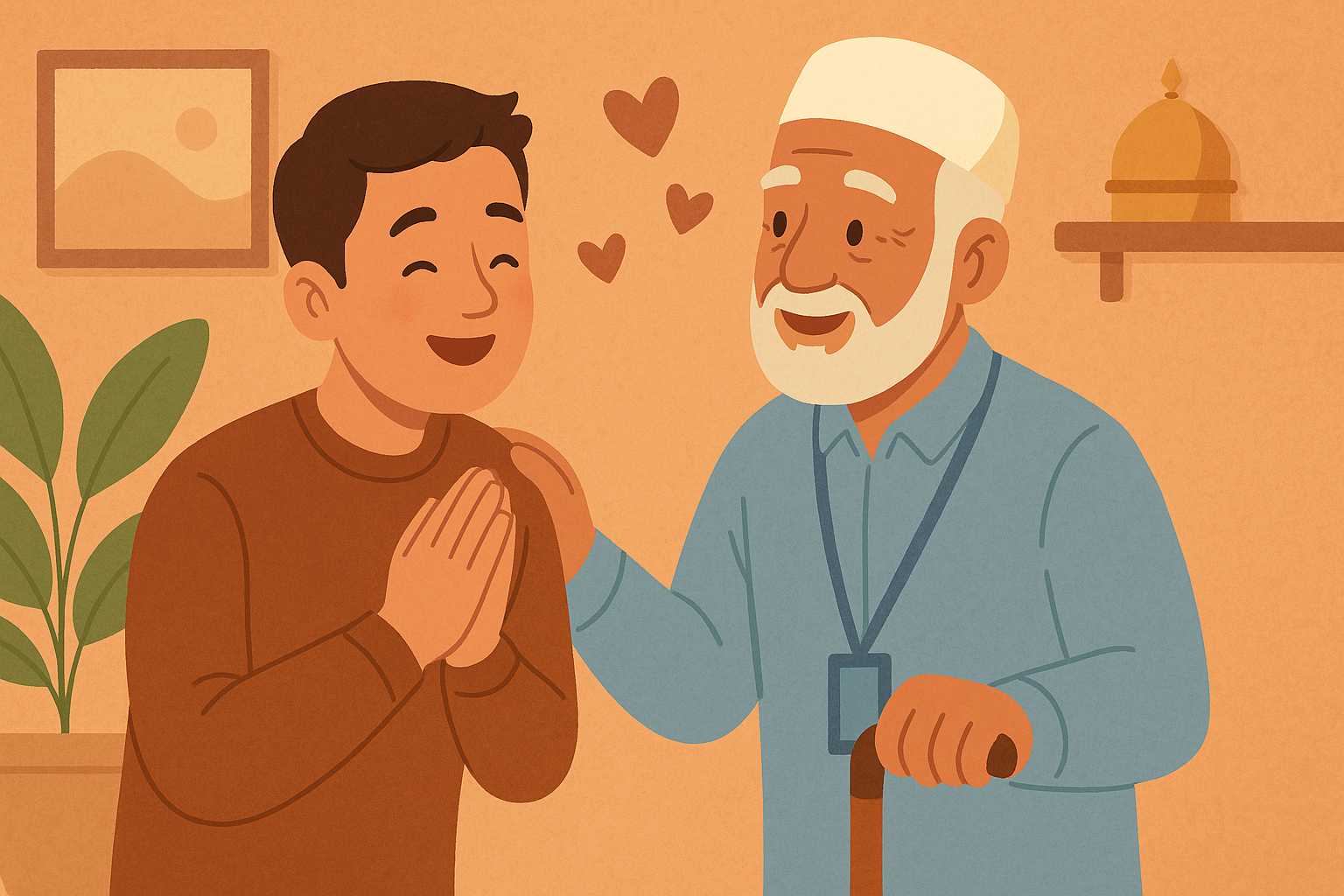 Old man thanking a caregiver with gratitude in a peaceful care setting.