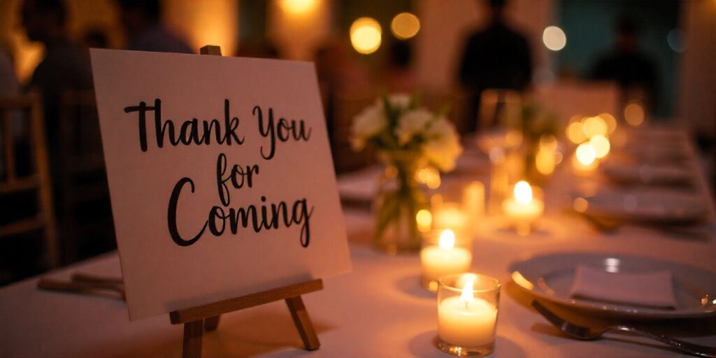 Elegant thank-you event decoration with candles and a “Thank You for Coming” message display.