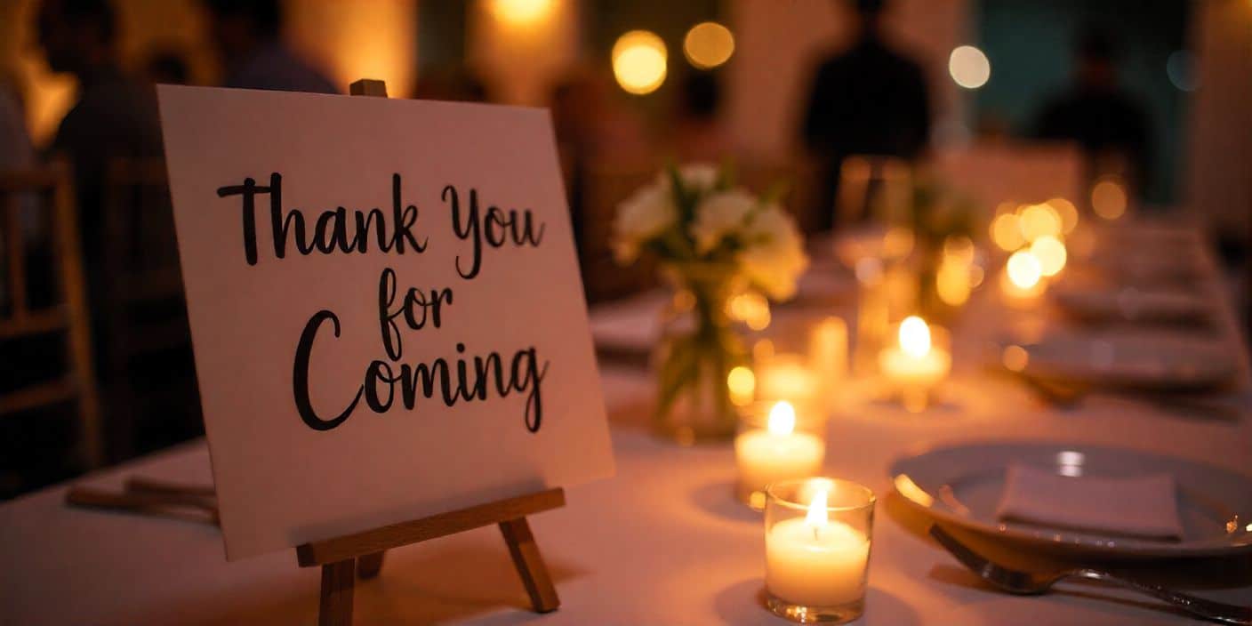 Elegant thank-you event decoration with candles and a “Thank You for Coming” message display.