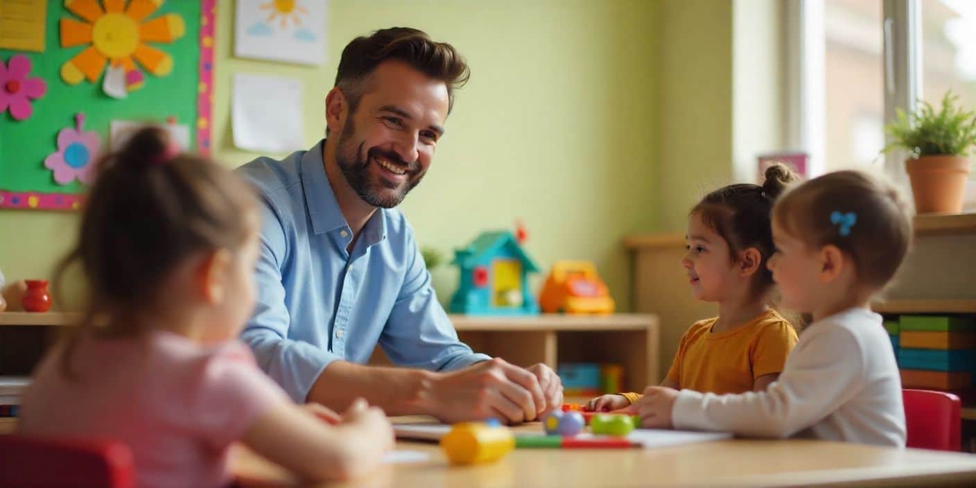 Heartfelt appreciation image for daycare teachers in a cheerful classroom with toys and kids.