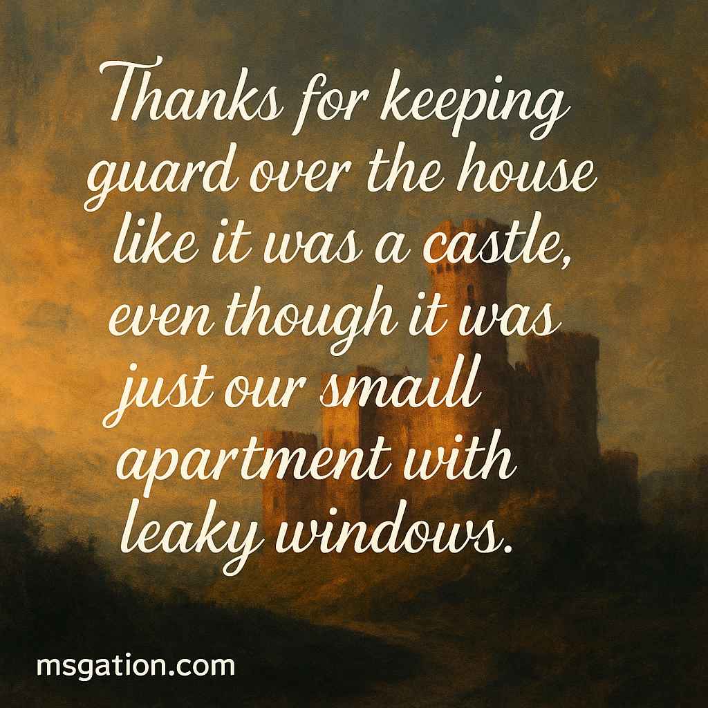 Thanks for keeping guard over the house like it was a castle, even though it was just our small apartment with leaky windows.