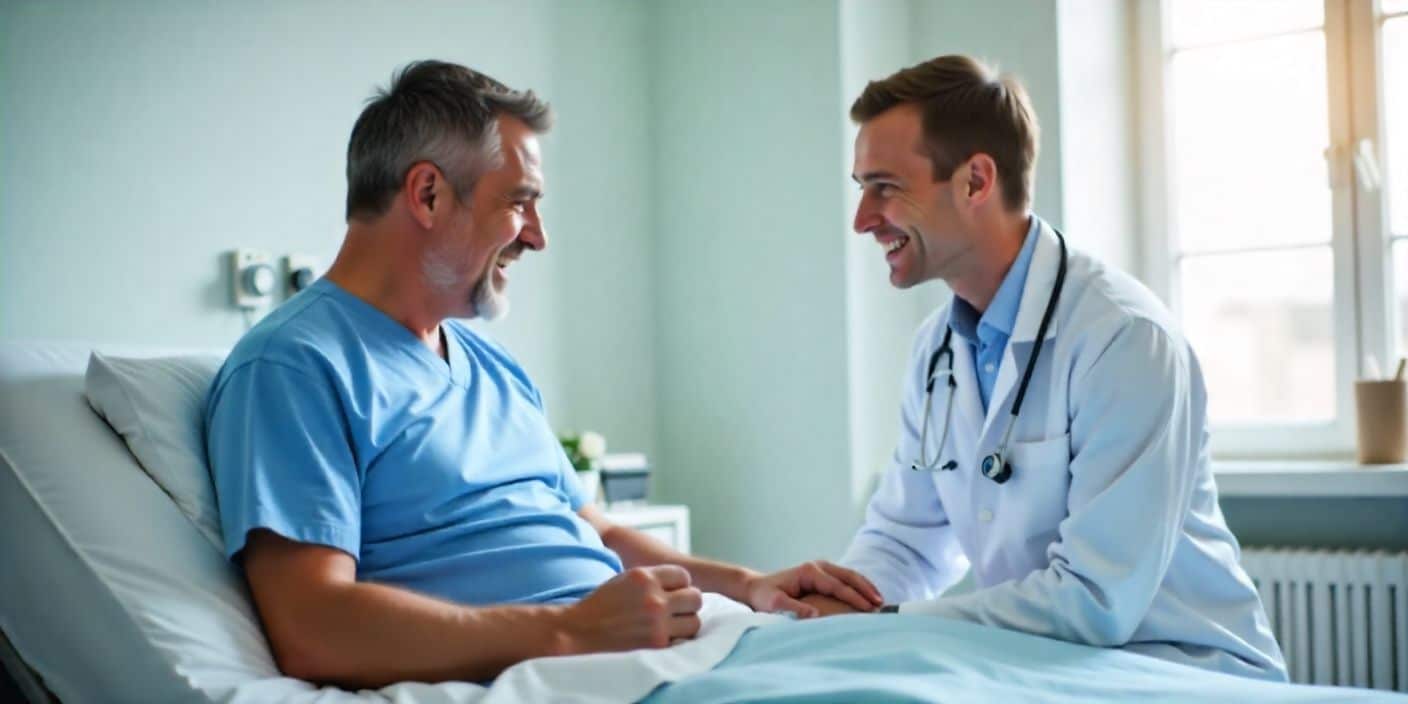 Doctor expressing gratitude towards a patient in a hospital room, representing thank you messages for patient.