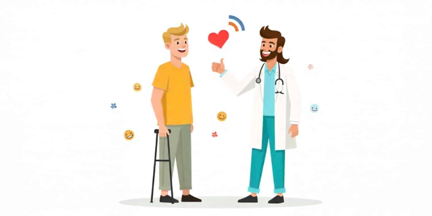 Simple cartoon image of a male physical therapist and patient with a “Thank You” message in a clean minimal design.