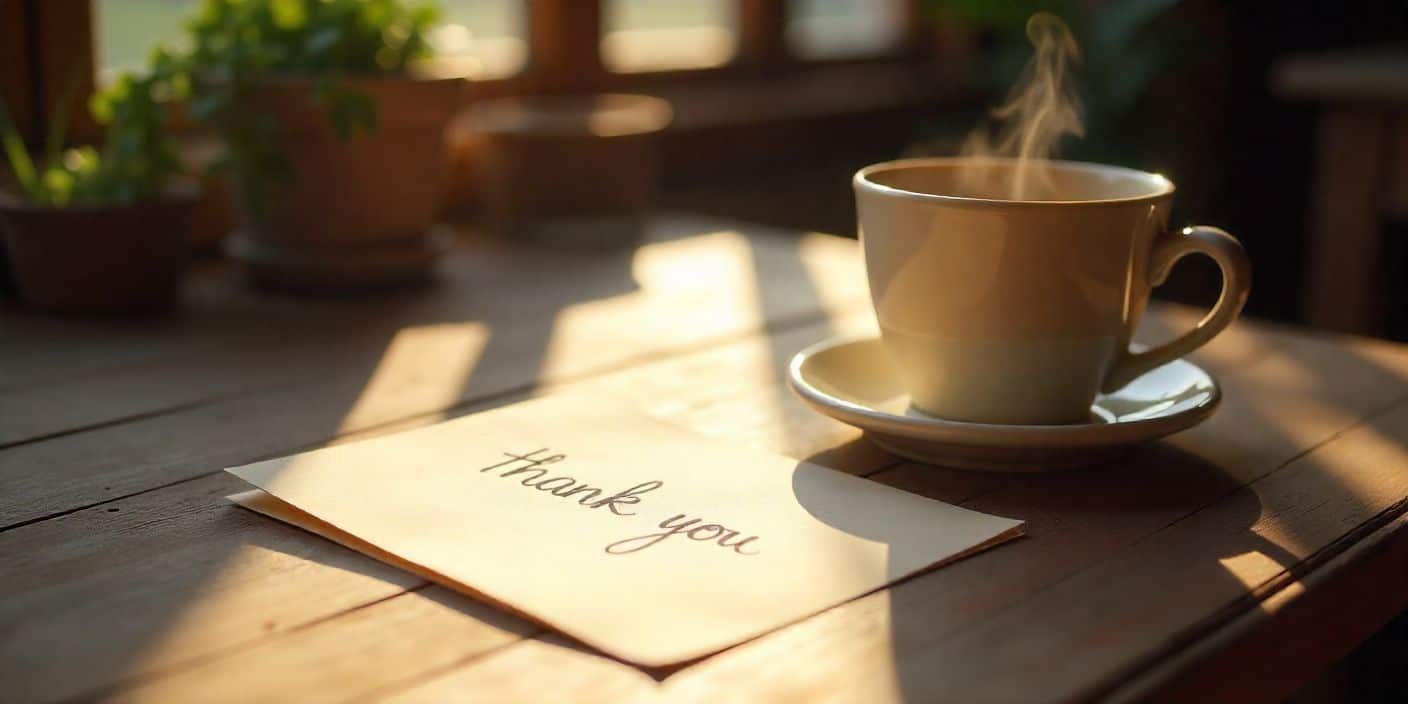 Handwritten thank-you note with coffee in cozy home setting.
